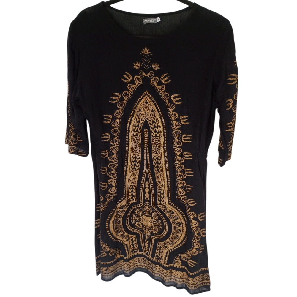 Vintage Earthbound Trading Co Black Gold Mandala Graphic Tunic Top 3/4 Sleeve M